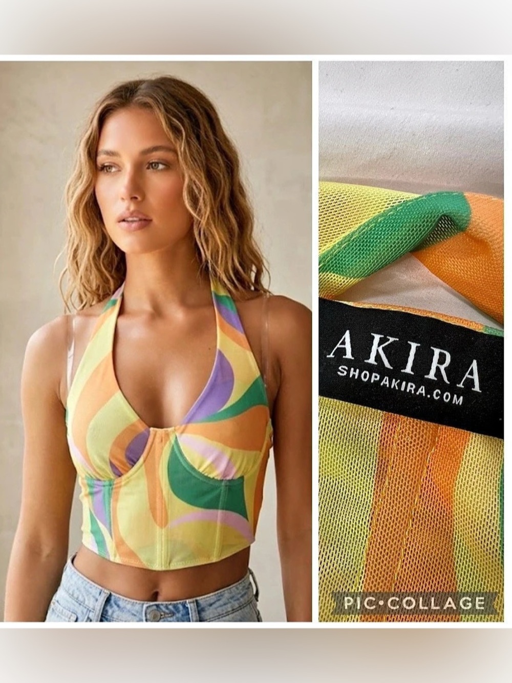 Akira Multicolor Swirl Mesh Halter Crop Top Green & Orange Medium